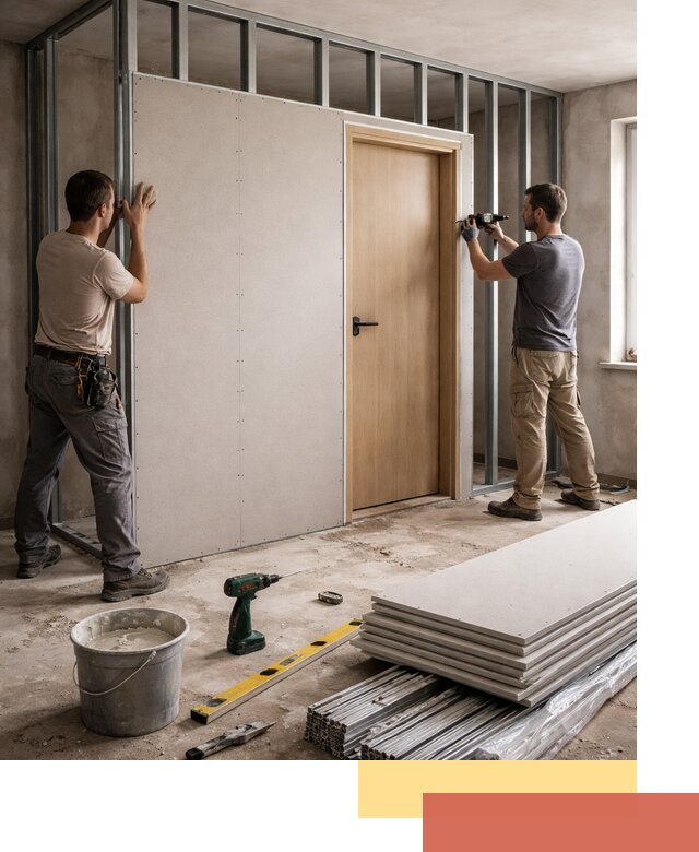 Перегородка из гипсокартона с дверью под ключ в Муроме