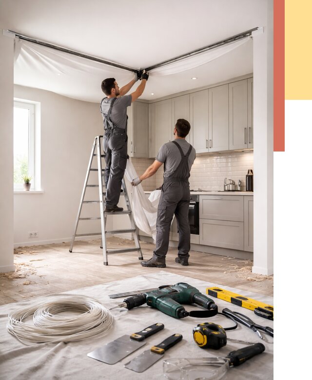 Установка натяжного потолка на кухне в Муроме от 2450 руб. | ОТДЕЛОЧНИК-Мум