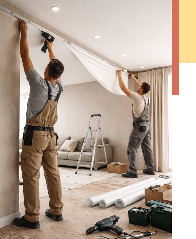 Монтаж натяжного потолка в гостиной в Муроме от 562 руб. | ОТДЕЛОЧНИК-Мум