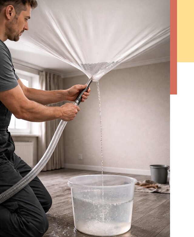 Слив воды с натяжного потолка в Муроме от 2553 руб. быстро и недорого | ОТДЕЛОЧНИК-Мум