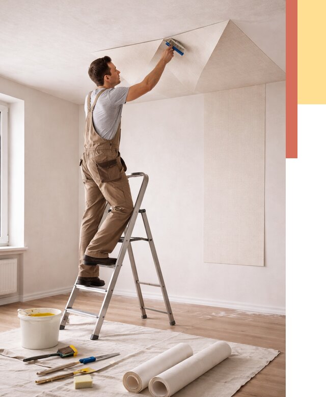 Поклейка обоев на потолок в Муроме от 4595 руб. быстро и недорого | ОТДЕЛОЧНИК-Мум